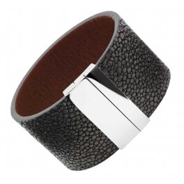 ZRC-ROCHET - Bracelet Manchette Large Fermoir Acier Veau Grain Galuchat noir